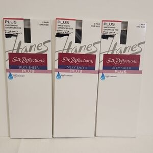 Hanes Silk Reflections Silky Sheer Plus Knee Highs Lot‎ Of 3 Barely Black